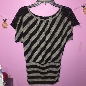 Black and White Striped Cinched Waist Blouse Shirt